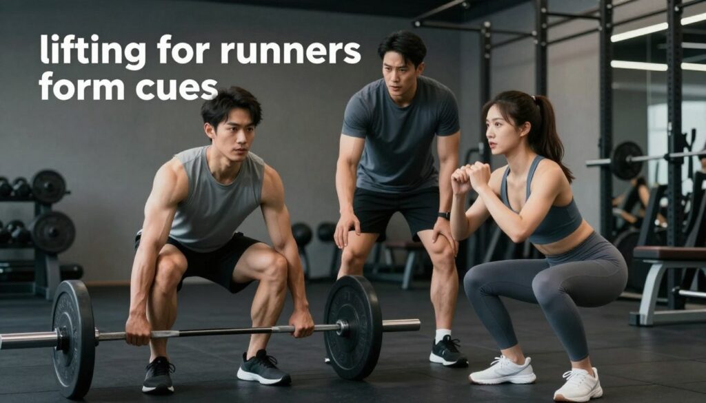 A focused and dynamic image illustrating "lifting for runners form cues" in a fitness setting. In the foreground, a male and female runner in modest athletic clothing are positioned to demonstrate correct lifting techniques, emphasizing their posture and alignment. The male runner executes a deadlift, while the female runner showcases a squat, both with visible concentration. In the middle ground, a trainer observes and provides guidance, pointing out key form details. The background features a modern gym environment, with weights and equipment subtly blending into the setting. Soft, diffused lighting enhances the atmosphere, creating a motivational and energetic mood. The angle captures the subjects in action, ensuring clarity of their form cues, while maintaining a professional and engaging composition.