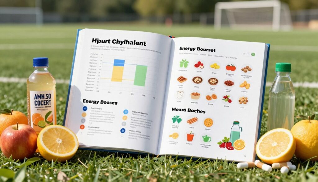 A sports nutrition and hydration playbook designed for soccer, featuring a dynamic layout with vibrant fruits, electrolyte drinks, and nutritional supplements artfully arranged in the foreground. In the middle, a detailed page spread showcasing hydration charts and energy-boosting meal plans, with colored icons depicting various snacks and hydration options. The background includes a blurred soccer field, enhancing the theme of athletics. Soft, natural lighting illuminates the scene, creating an inviting atmosphere. The image should have a focused lens effect on the playbook to emphasize its contents while softly fading the field behind it, conveying a sense of readiness and energy. The overall mood is vibrant and informative, suited for athletes looking to enhance their performance through nutrition and hydration.