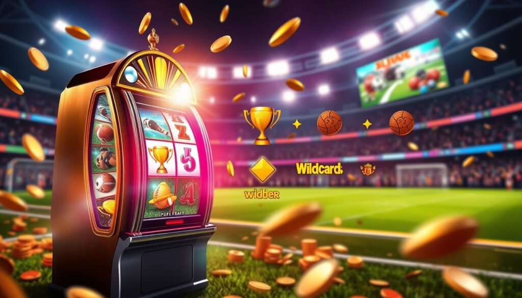 A vibrant and engaging scene depicting bonus features from football-themed slot machines. In the foreground, showcase a luxurious slot machine adorned with dynamic football graphics, bright lights blinking and coins falling. Transitioning to the middle ground, include animated bonus symbols such as a football trophy, wildcards, and scatter symbols, all reflecting excitement and anticipation. In the background, visualize a stadium with cheering crowds and interactive screens displaying game highlights. Employ dramatic lighting to emphasize the thrill of winning, with a slight lens blur to bring the slot machine into sharp focus. The mood is energetic and festive, embodying the fun and allure of virtual football gaming. A vibrant and engaging scene depicting bonus features from football-themed slot machines. In the foreground, showcase a luxurious slot machine adorned with dynamic football graphics, bright lights blinking and coins falling. Transitioning to the middle ground, include animated bonus symbols such as a football trophy, wildcards, and scatter symbols, all reflecting excitement and anticipation. In the background, visualize a stadium with cheering crowds and interactive screens displaying game highlights. Employ dramatic lighting to emphasize the thrill of winning, with a slight lens blur to bring the slot machine into sharp focus. The mood is energetic and festive, embodying the fun and allure of virtual football gaming.
