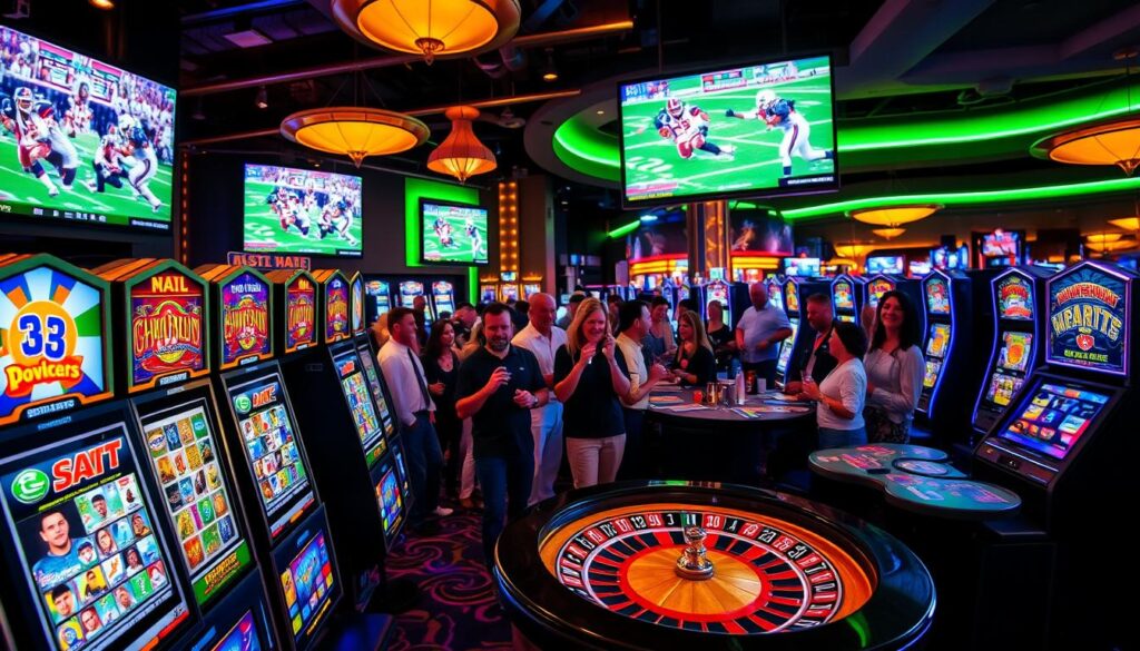 A vibrant casino scene featuring an assortment of NFL-themed slot machines prominently displayed in the foreground, adorned with colorful graphics of popular football teams and players. In the middle ground, groups of casually dressed patrons celebrate small wins, some holding drinks, while a friendly dealer engages with players at a roulette table showcasing NFL-inspired designs. The background features large screens displaying live NFL games, with ambient lighting creating a festive atmosphere, accentuated by soft neon glows. The image is captured from a slight low angle, emphasizing the excitement and energy of the promotions, inviting viewers into the thrill of the seasonal NFL casino events. The mood is lively and cheerful, evoking the spirit of football season in a casino setting. A vibrant casino scene featuring an assortment of NFL-themed slot machines prominently displayed in the foreground, adorned with colorful graphics of popular football teams and players. In the middle ground, groups of casually dressed patrons celebrate small wins, some holding drinks, while a friendly dealer engages with players at a roulette table showcasing NFL-inspired designs. The background features large screens displaying live NFL games, with ambient lighting creating a festive atmosphere, accentuated by soft neon glows. The image is captured from a slight low angle, emphasizing the excitement and energy of the promotions, inviting viewers into the thrill of the seasonal NFL casino events. The mood is lively and cheerful, evoking the spirit of football season in a casino setting.