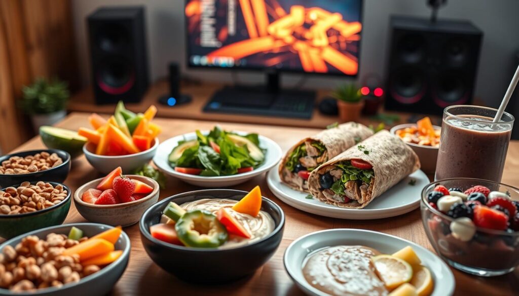 A vibrant, healthy gamer diet spread on a wooden table, showcasing colorful fresh fruits, vegetables, and wholesome snacks. In the foreground, bowls of mixed nuts, sliced avocados, and hummus with colorful veggie sticks are artfully arranged. In the middle, there are plates with grilled chicken salad, whole grain wraps filled with spinach and turkey, and a smoothie bowl topped with berries. In the background, a sleek gaming setup with a well-lit monitor, gaming console, and LED lights creates an engaging atmosphere. Utilize soft, natural lighting that highlights the freshness of the food, with a shallow depth of field to focus on the dishes while softly blurring the gaming setup. The mood is energetic and inviting, promoting a balanced lifestyle for gamers.