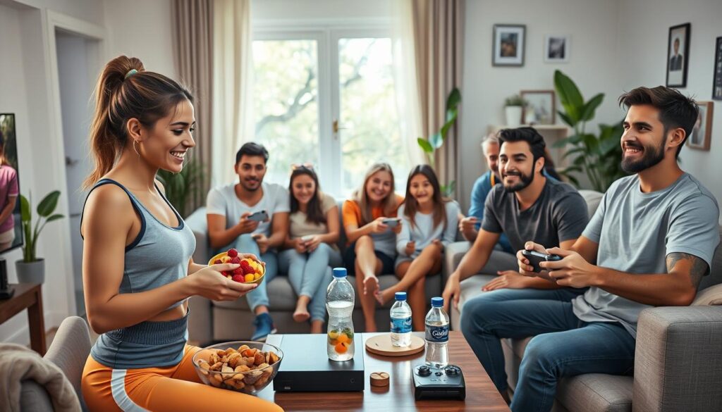 A vibrant living room scene depicting a diverse group of friends gathered around a gaming console, illustrating healthy habits in gaming. In the foreground, show a young woman in casual athletic wear, preparing a colorful bowl of fruits and nuts, while a young man in a comfortable t-shirt and jeans combines his gaming with exercise, using a resistance band. The middle ground showcases two friends sitting on a couch, enjoying a multiplayer game, with water bottles and healthy snacks on the coffee table. In the background, a well-lit window reveals a sunny day, illuminating plants and family photos that convey warmth and togetherness. The atmosphere is lively and supportive, highlighting social interaction and well-being, with soft natural lighting creating an inviting and positive mood.