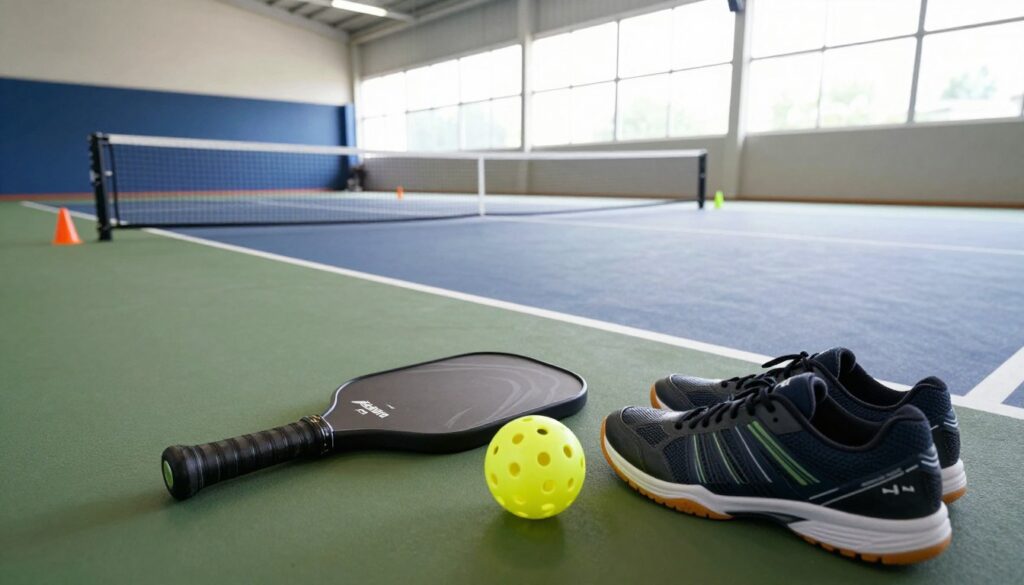 A vibrant scene showcasing pickleball training equipment for beginners. In the foreground, highlight essential gear: a paddle with a textured grip, a bright yellow pickleball, and a pair of supportive athletic shoes with a focus on ankle stability. The middle ground features a neatly arranged practice court, complete with boundary lines and portable nets, surrounded by colorful training cones. In the background, a bright, well-lit gymnasium setting, with natural light streaming through large windows. The atmosphere is energetic and inviting, suitable for newcomers eager to learn. Use a wide-angle lens to capture the entire composition, emphasizing the equipment and creating a sense of space.