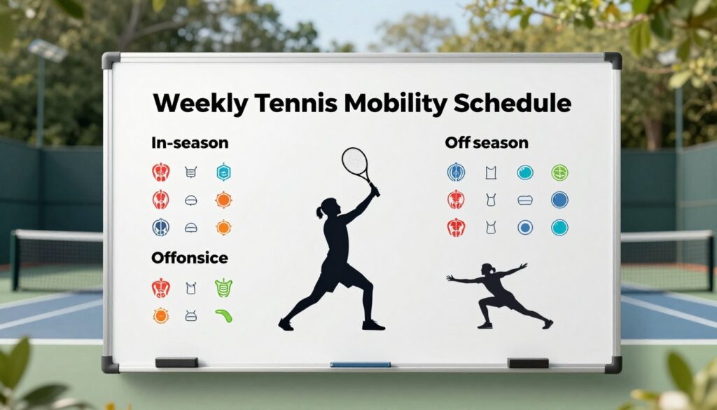 A visually engaging image depicting a "Weekly Tennis Mobility Schedule" on a sleek, modern whiteboard. In the foreground, the schedule shows structured mobility exercises segmented for both in-season and off-season, with colorful icons representing different muscle groups like hips, shoulders, and thoracic spine. In the middle, a silhouette of a tennis player demonstrating various mobility poses, wearing modest athletic attire, is positioned alongside the schedule. The background features an outdoor tennis court bathed in soft, natural light, with lush greenery framing the scene to evoke a serene atmosphere. The overall composition is clear and professional, designed to inspire focus and motivation for tennis players.