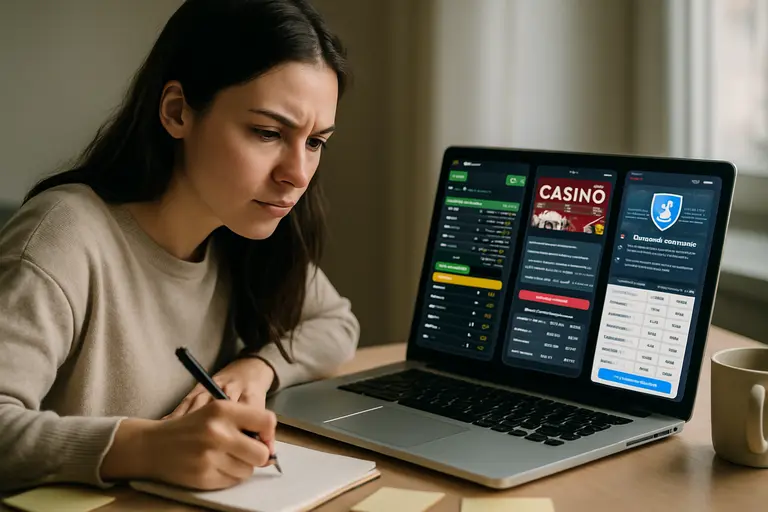 Checklist beside a phone showing account settings for an online gambling site