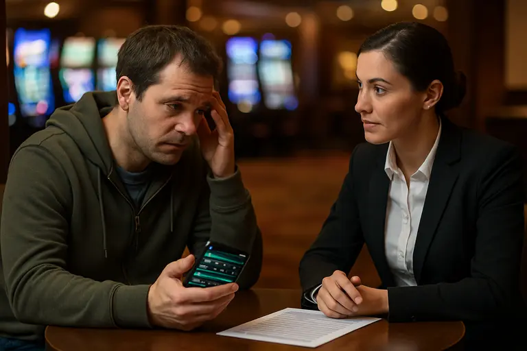 Guest reading responsible gambling information near a casino service desk