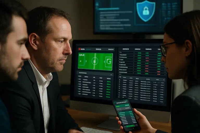 Integrity team reviewing match data feeds and betting alerts on multiple screens