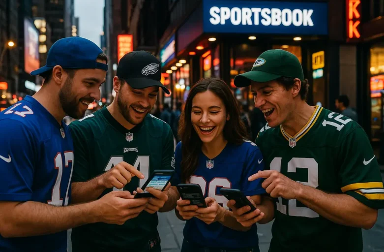 New York Sportsbooks app comparison on a phone beside responsible play notes