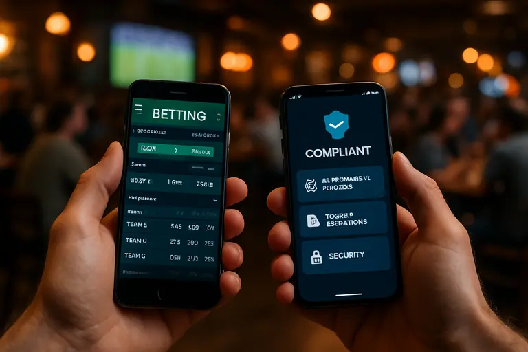 Two phones displaying sports odds beside a debit card and notes